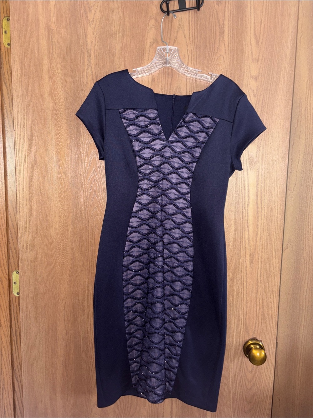 connected apparel Navy Midi Dress with Lace-Panel Front